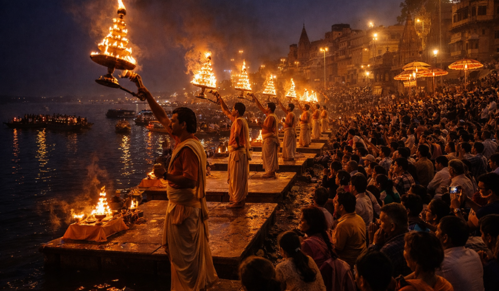 Evening Ganga Aarti at Dashashwamedh Ghat during a Varanasi visit