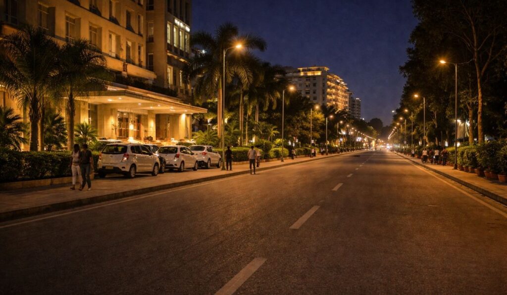 Wide well-lit road in Varanasi Cantonment area at night, showing safe areas to stay and travel in Varanasi at night