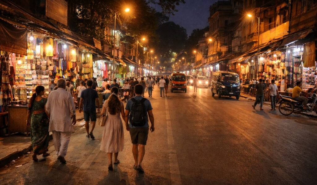 Busy market street in Varanasi at night with tourists walking safely, highlighting that Varanasi is safe at night in main areas