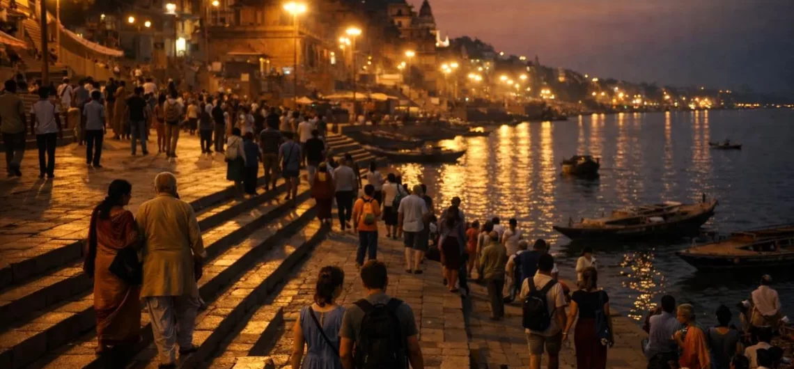 Well-lit ghats in Varanasi at night with tourists and pilgrims, showing why Varanasi is safe at night for tourists
