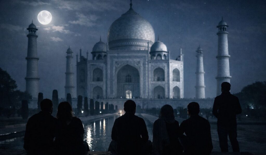 Moonlight Taj Mahal Tour experience with visitors watching the Taj Mahal under full moon in Agra