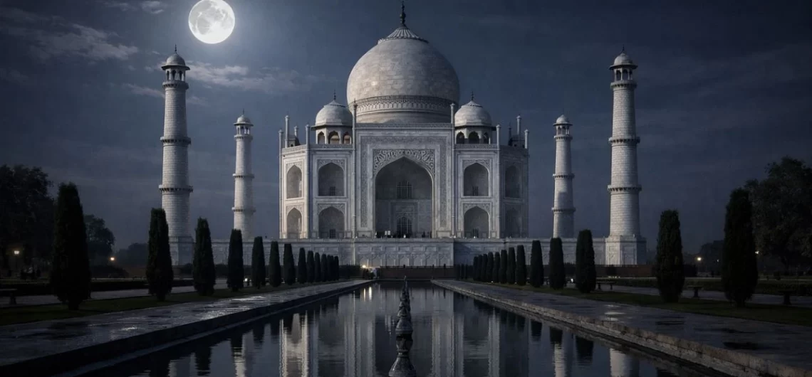 Taj Mahal full moon night view with reflection during night viewing in Agra