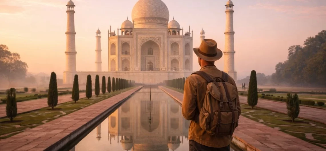 Traveler watching the Taj Mahal at sunrise as the white marble reflects warm morning light in a quiet and peaceful setting