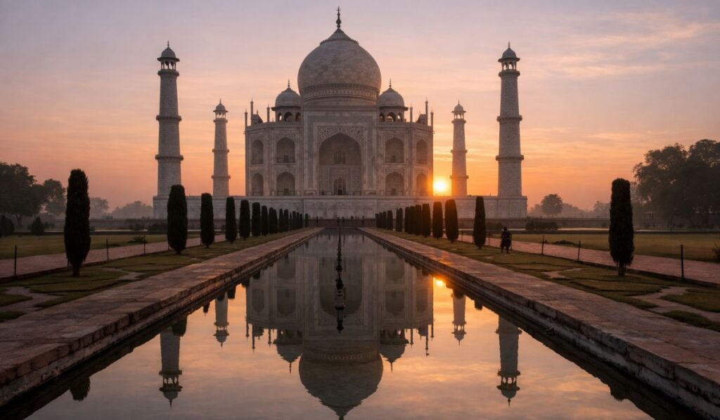 Taj Mahal glowing in soft pink and golden light at sunrise with a calm reflecting pool and peaceful early morning atmosphere