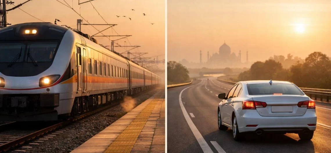 Train vs car travel to Taj Mahal from Delhi comparison showing high-speed train and car on highway