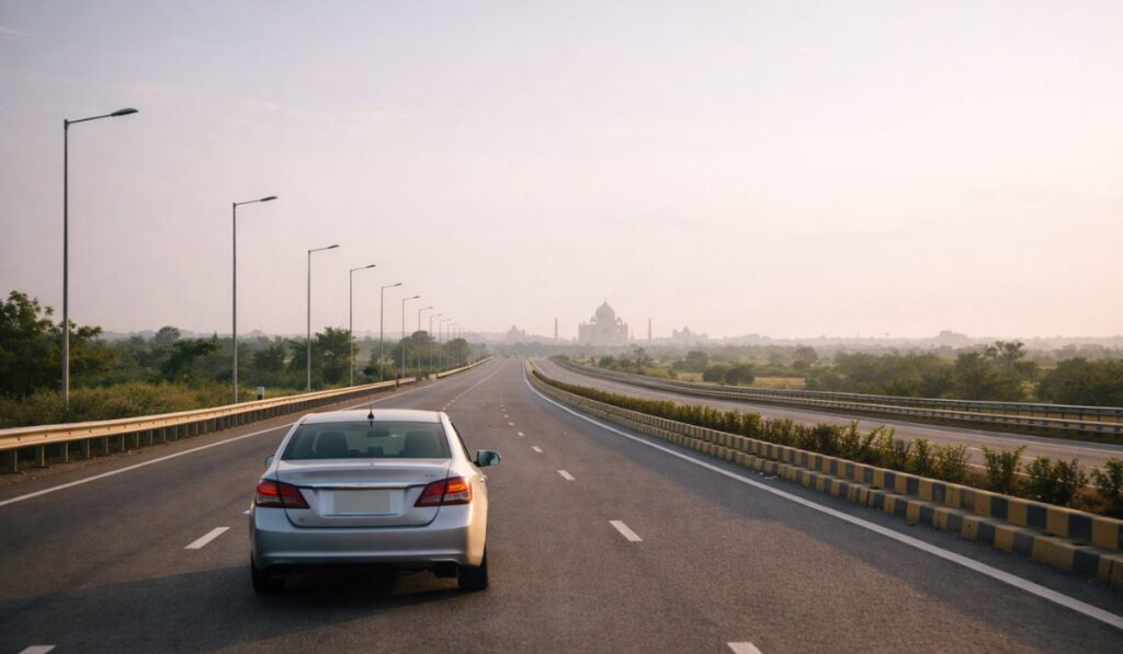 Car driving on Yamuna Expressway towards Taj Mahal during Delhi to Agra road trip